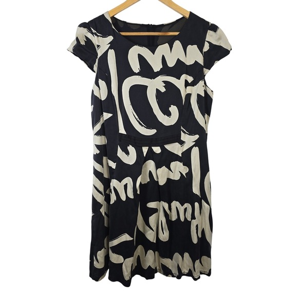 Lan Jue Dresses & Skirts - Lan Jue Silk Abstract Graphic Print Cap Sleeve Sheath Dress Black Cream XXL US M